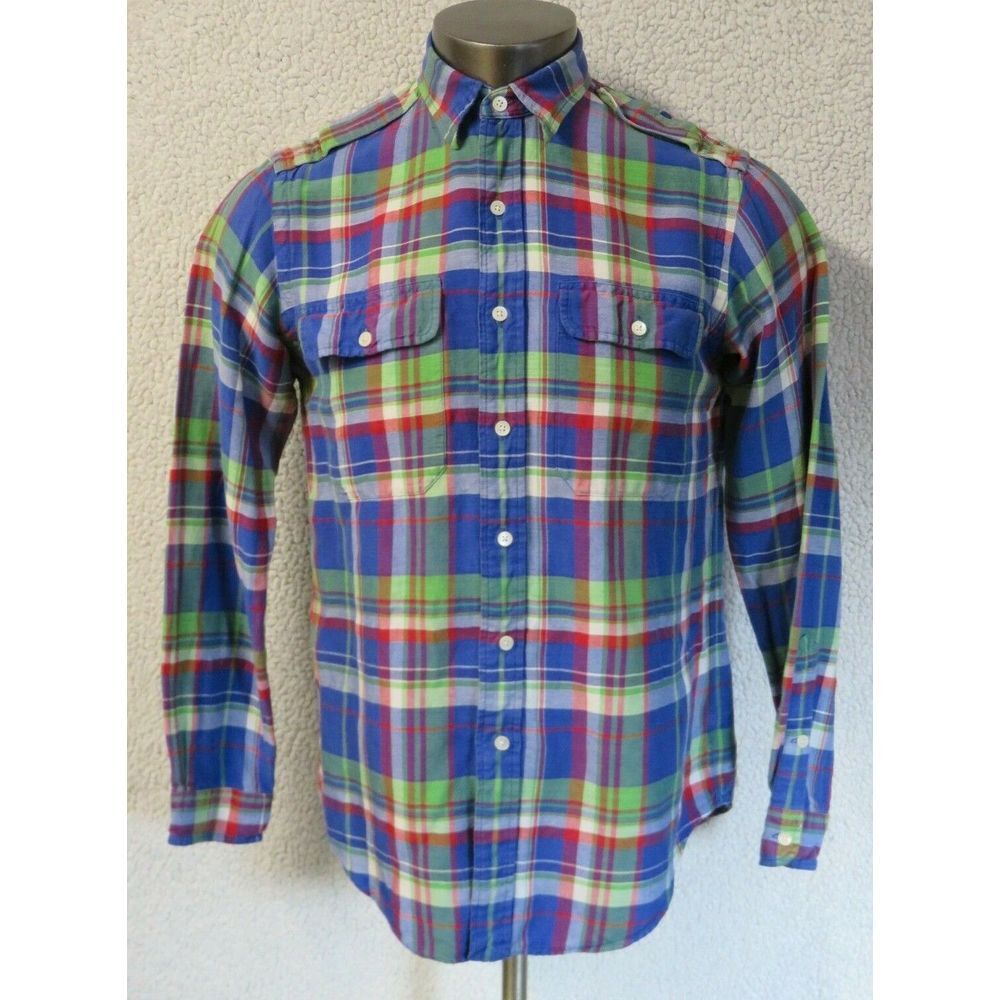 Mens Ralph Lauren Long Sleeve Button Front‎ Multicolor Plaid Linen Silk Shirt M